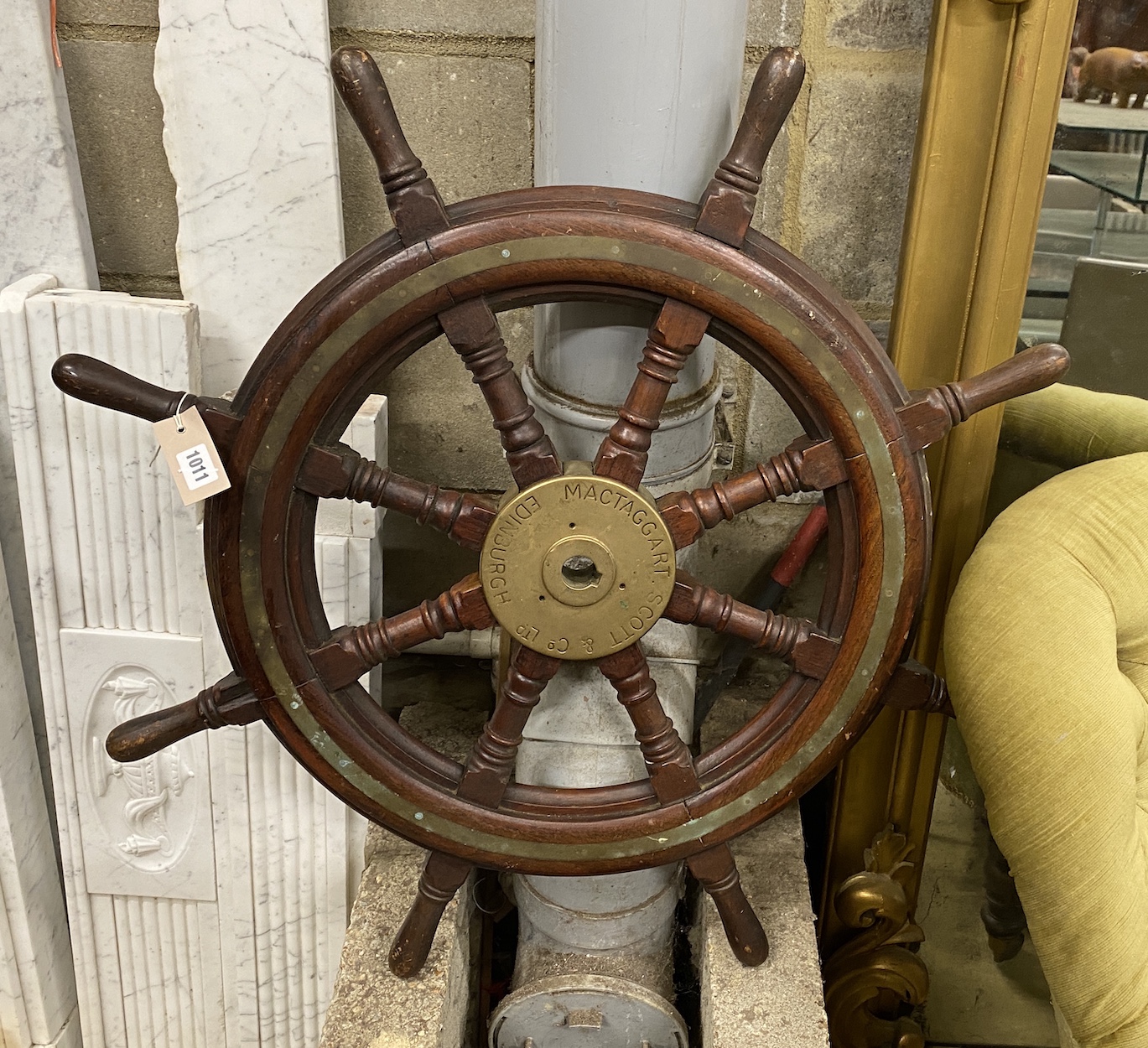 An early 20th century brass mounted teak ship's wheel marked Scott & Co. Ltd., Mactaggart, Edinburgh, diameter 84cm